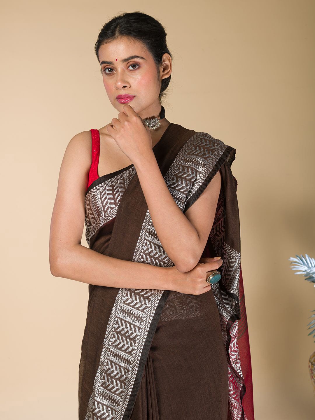 

HERE&NOW Zari Khadi Saree, Coffee brown
