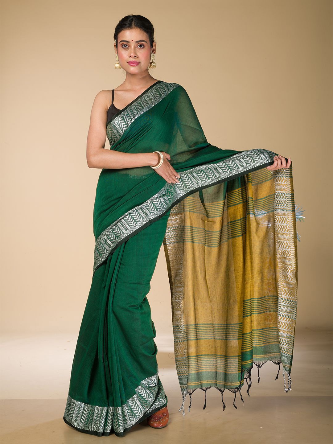 

HERE&NOW Zari Khadi Saree, Green