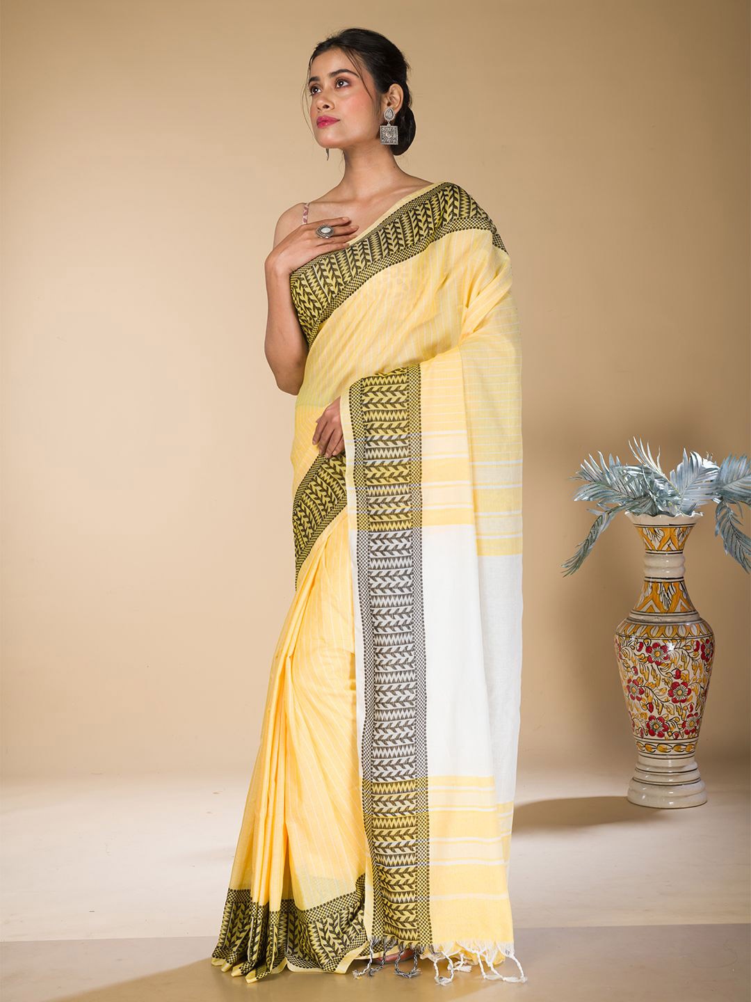 

HERE&NOW Striped Khadi Saree, Yellow