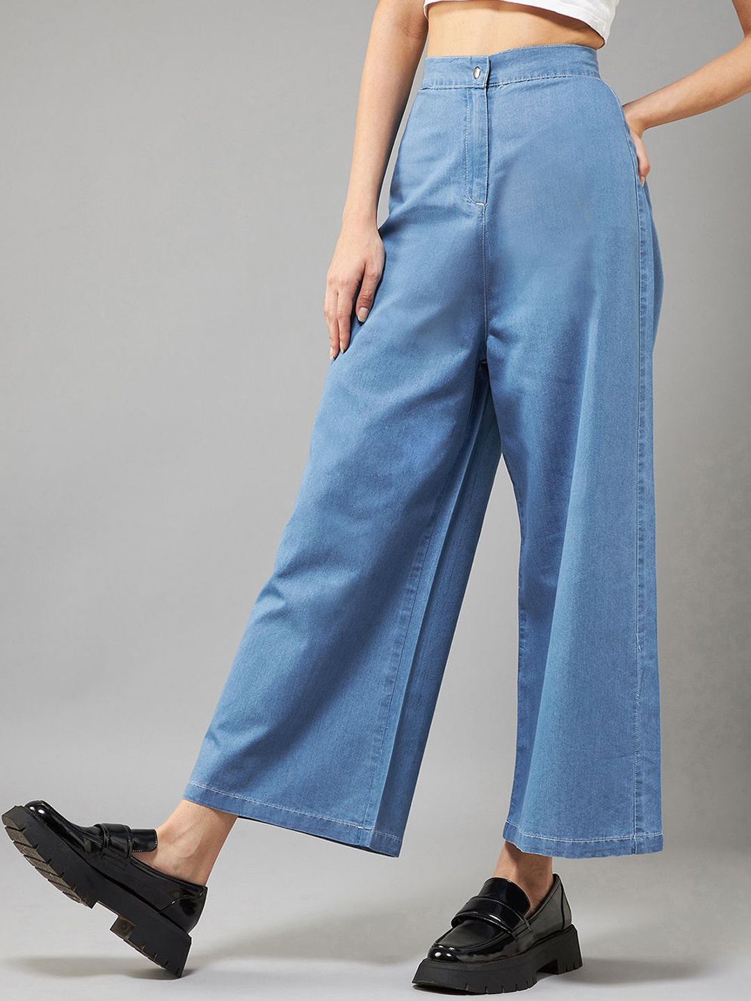 

DOLCE CRUDO Flared Wide-Leg High Rise Clean Look Non Stretchable Denim Pants, Blue