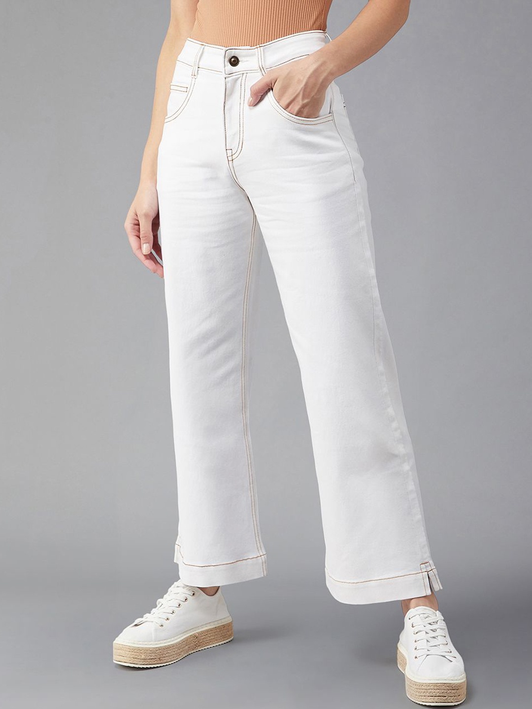 

DOLCE CRUDO Flared Mid Rise Clean Look Ankle length Stretchable Denim Jeans, White