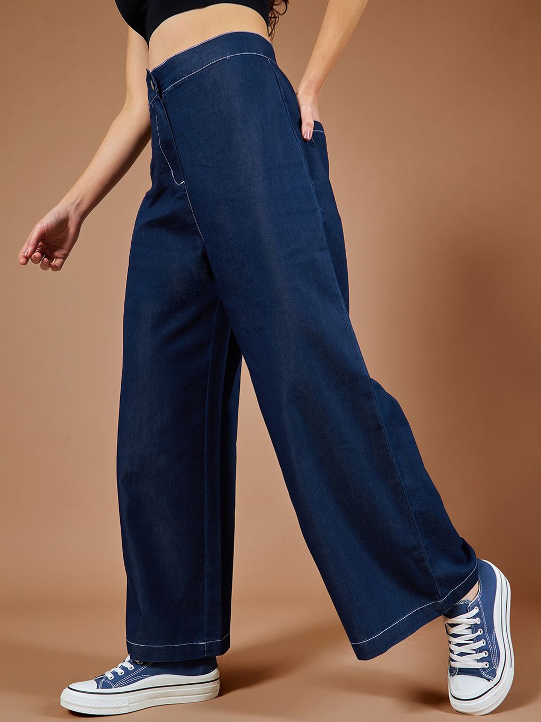 

DOLCE CRUDO Wide-Leg High Rise Clean Look Regular Length Denim Pants, Navy blue