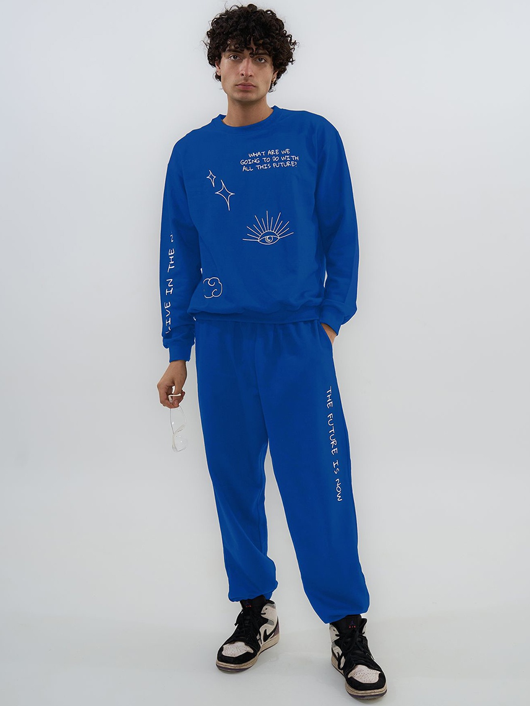 

Exhale Label The Future Men Cotton Typographic Full Length Oversized Fit Joggers, Blue