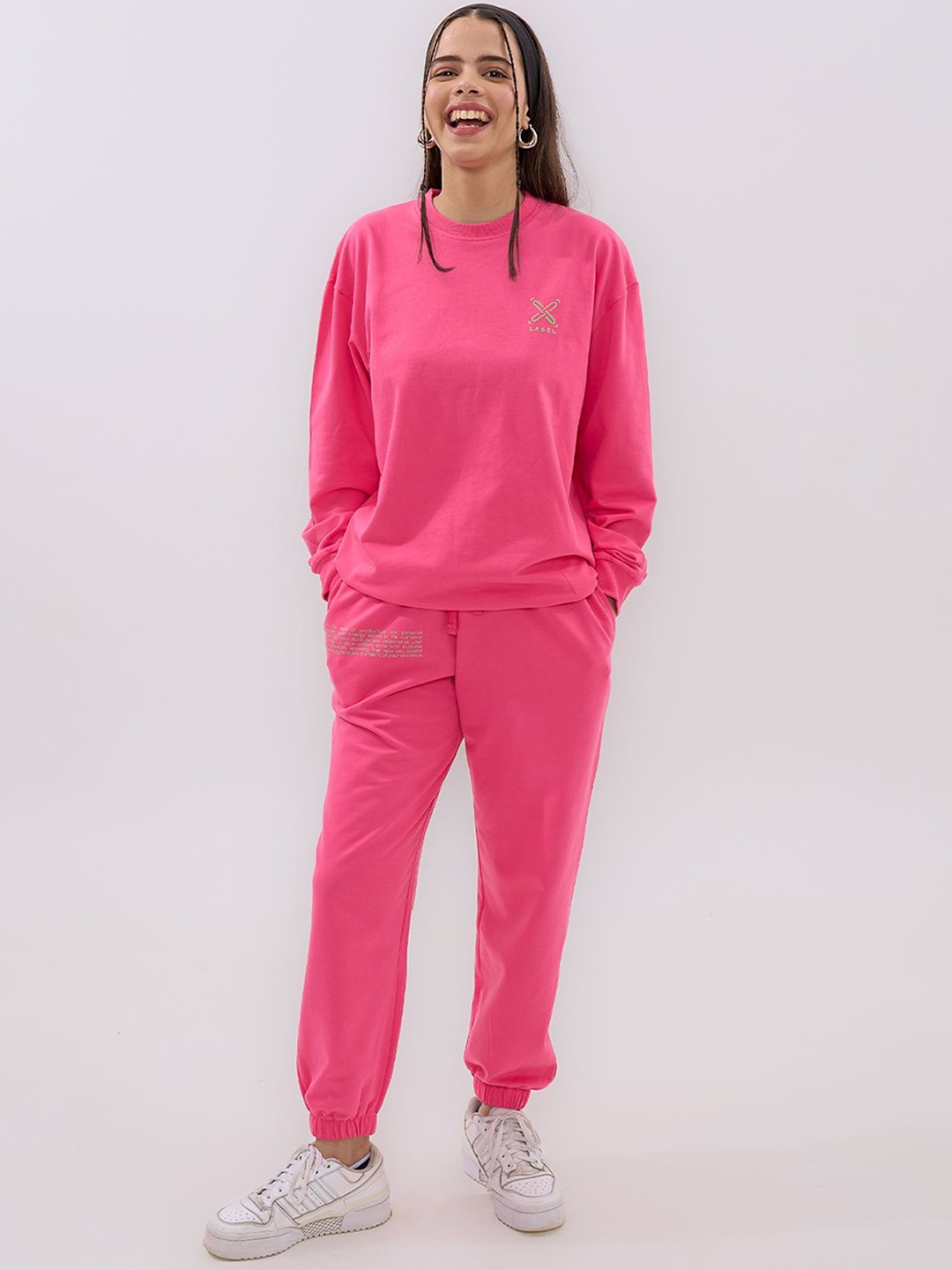 

Exhale Label The Lets Go Party Women Cotton Typographic Full Length Oversized Fit Joggers, Pink