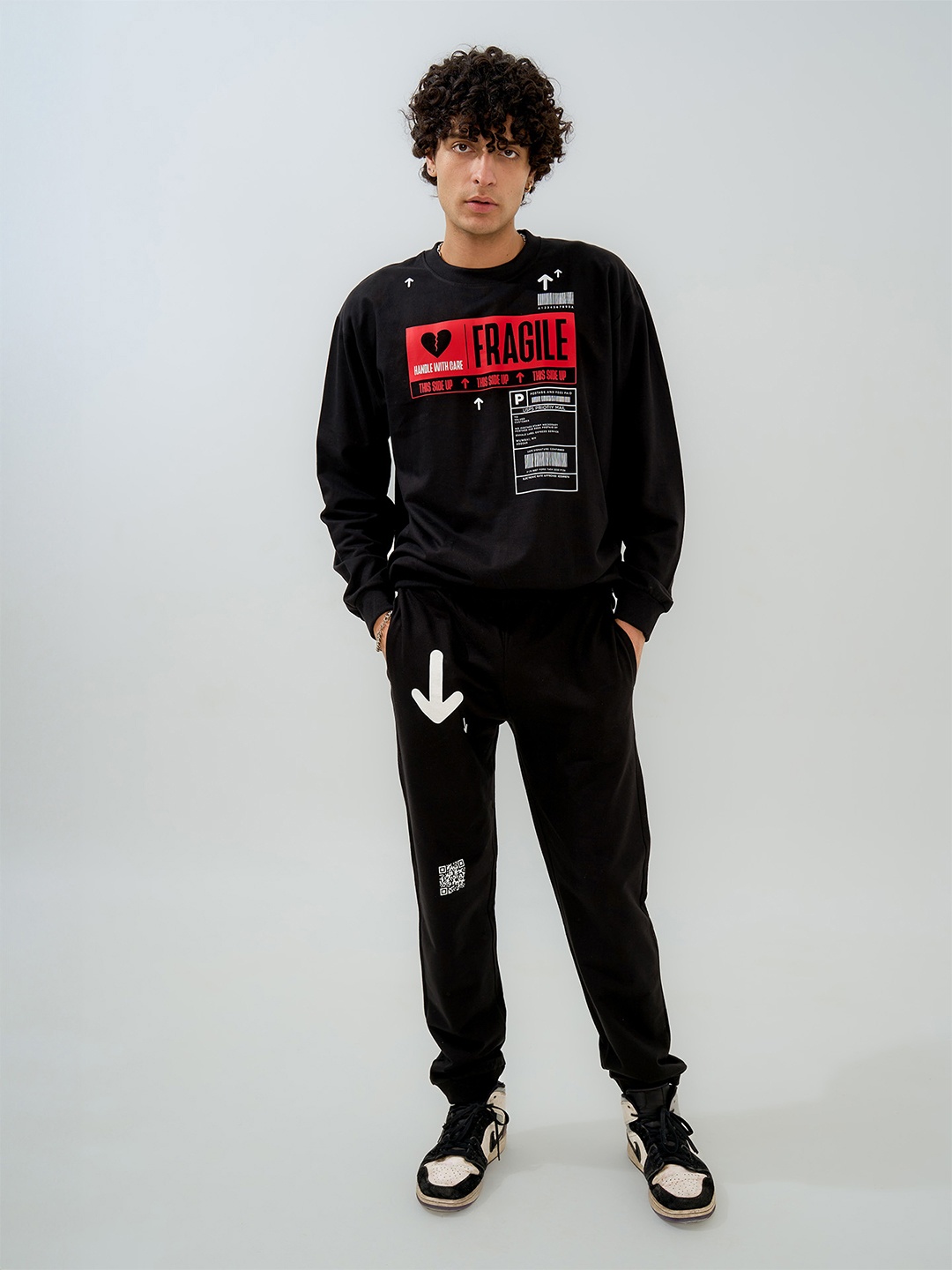 

Exhale Label The Fragile Unisex Cotton Typographic Full Length Oversized Fit Joggers, Black