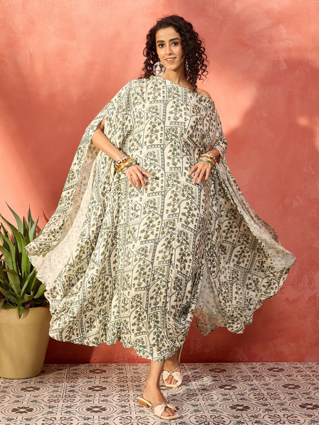 

InWeave Ethnic Motifs Print Kaftan Maxi Dress, Sea green