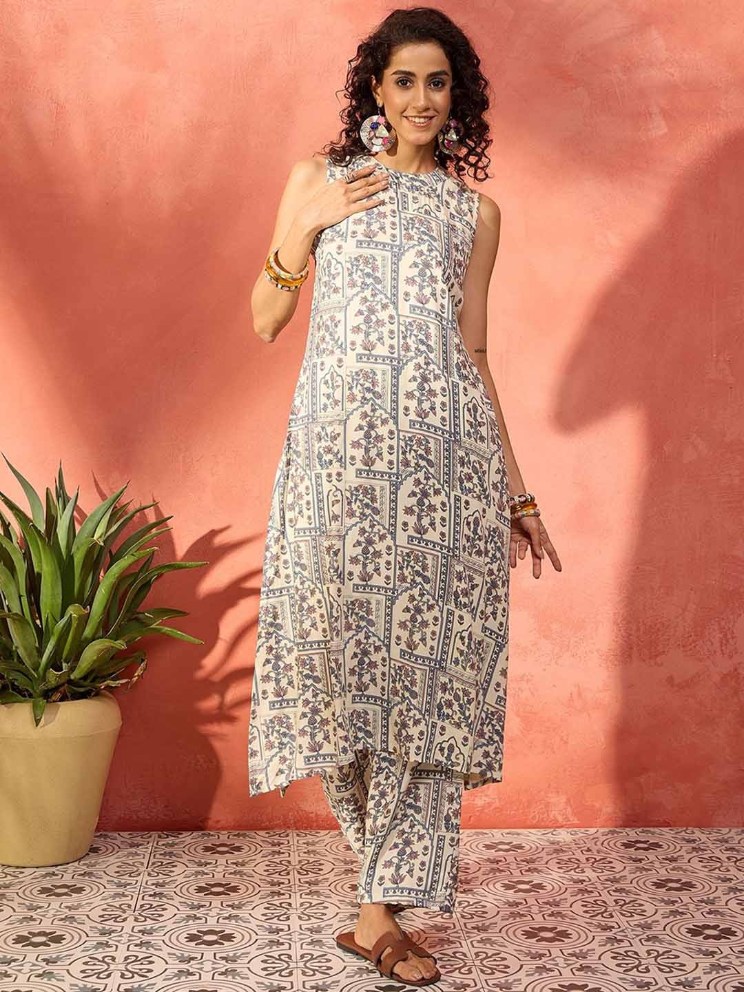 

InWeave Ethnic Motifs Printed A-Line Kurta with Trousers, Cream