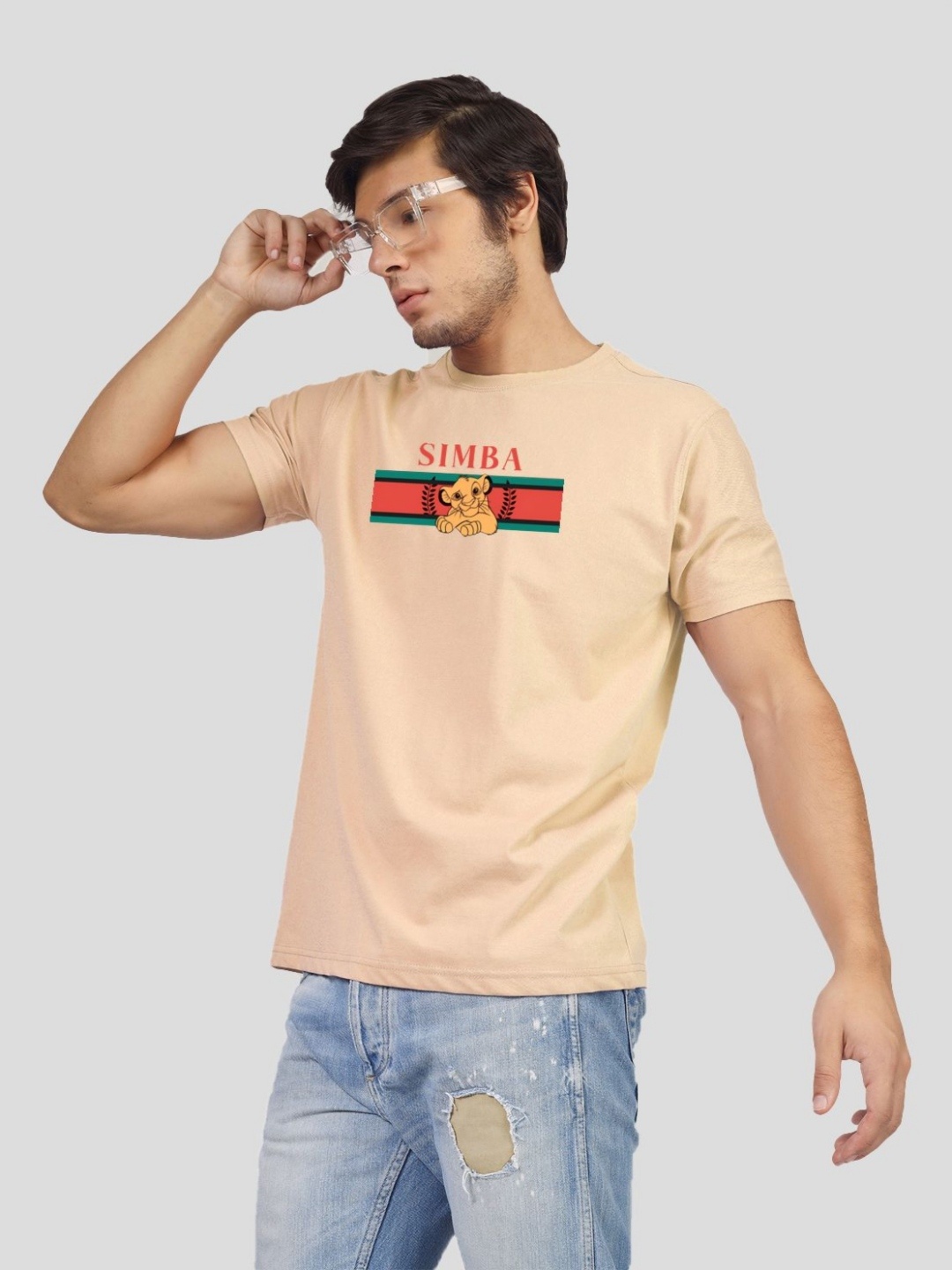 

Greylongg Men Simba Graphic Printed Round Neck T-shirt, Beige