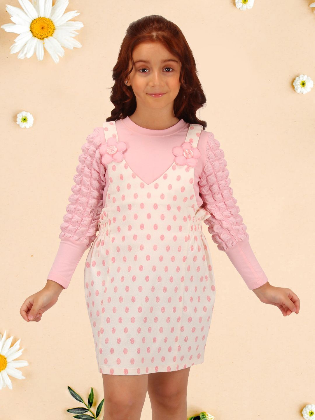 

CUTECUMBER Polka Dot Print Applique Pinafore Dress, Pink