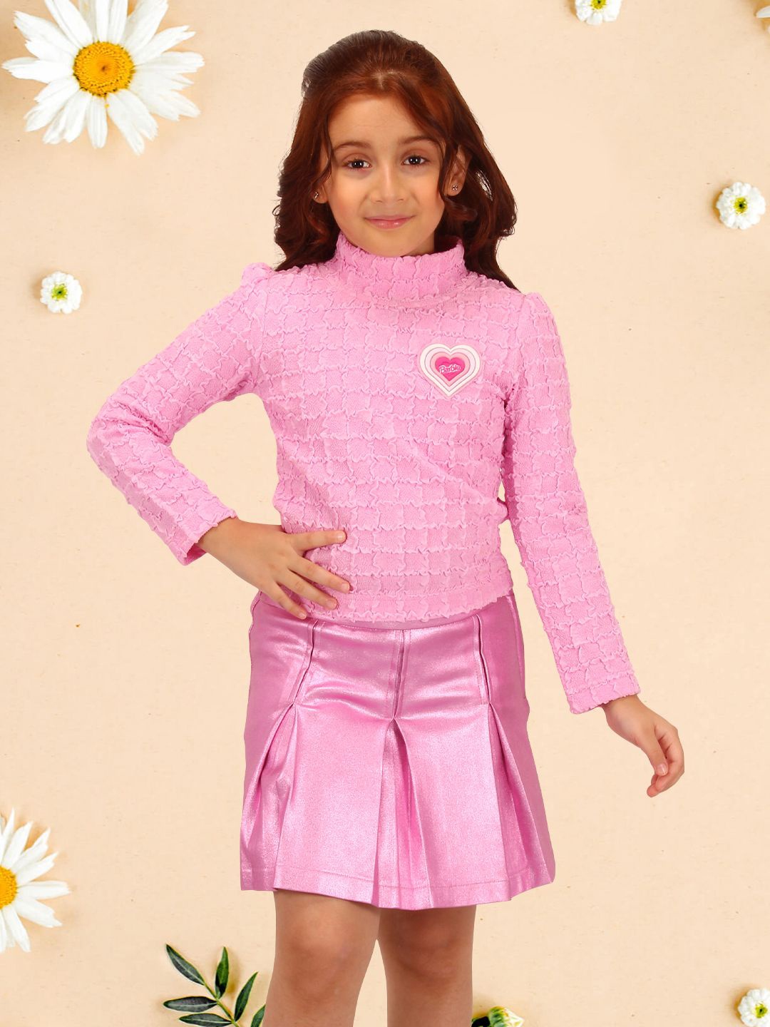 

CUTECUMBER Girls Self Design High Neck Top with Skirt, Pink