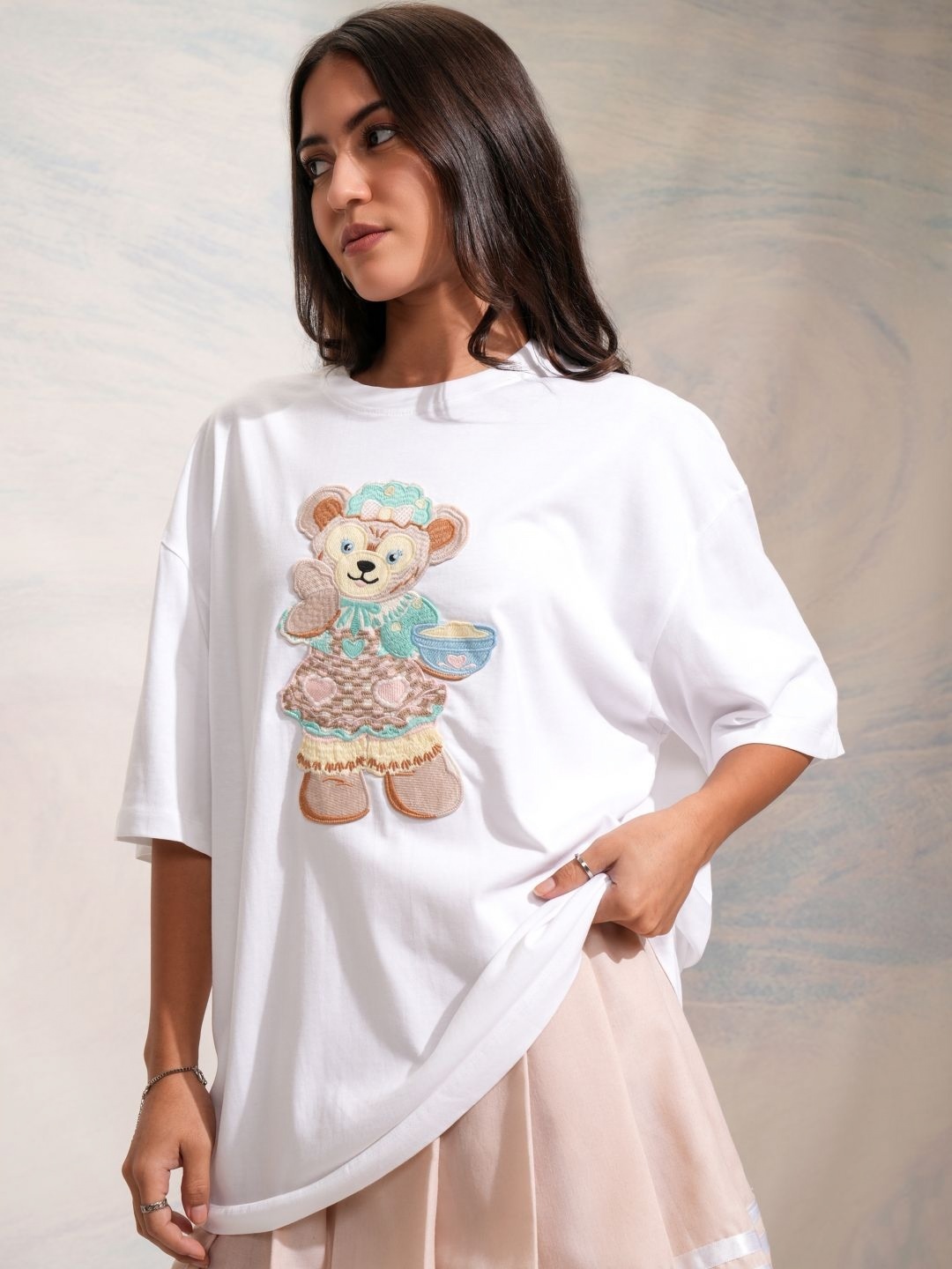 

Street By Tokyo Talkies Women Self Design Round Neck Cotton Oversized T-shirt, White