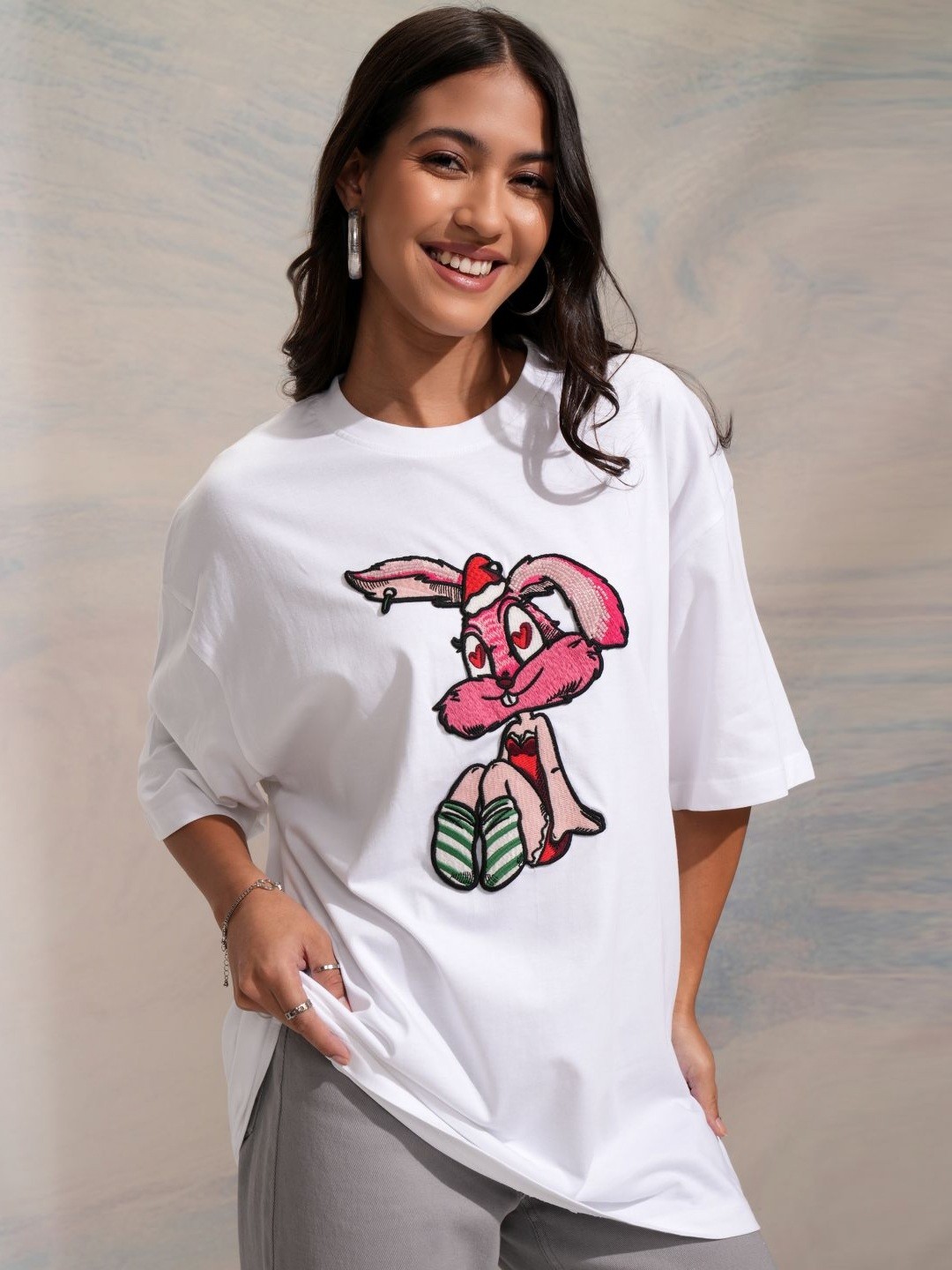 

Street By Tokyo Talkies Women Self Design Round Neck Cotton Oversized T-shirt, White