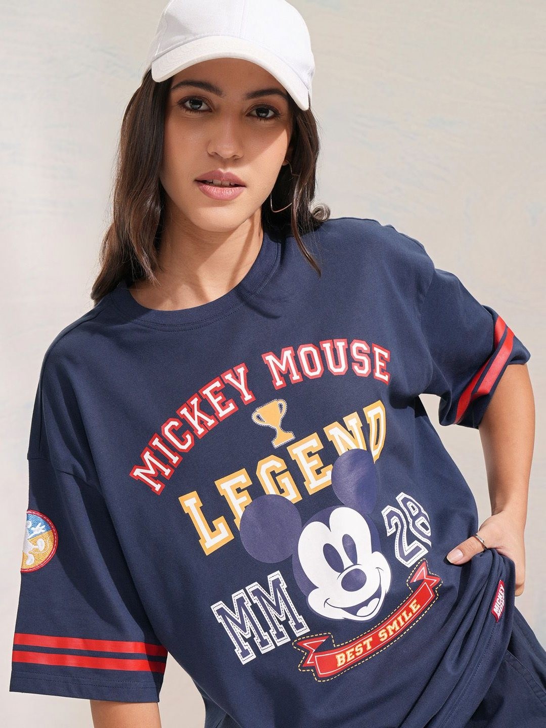 

Tokyo Talkies Women Mickey Mouse Printed Relaxed Fit Casual Tshirt, Navy blue