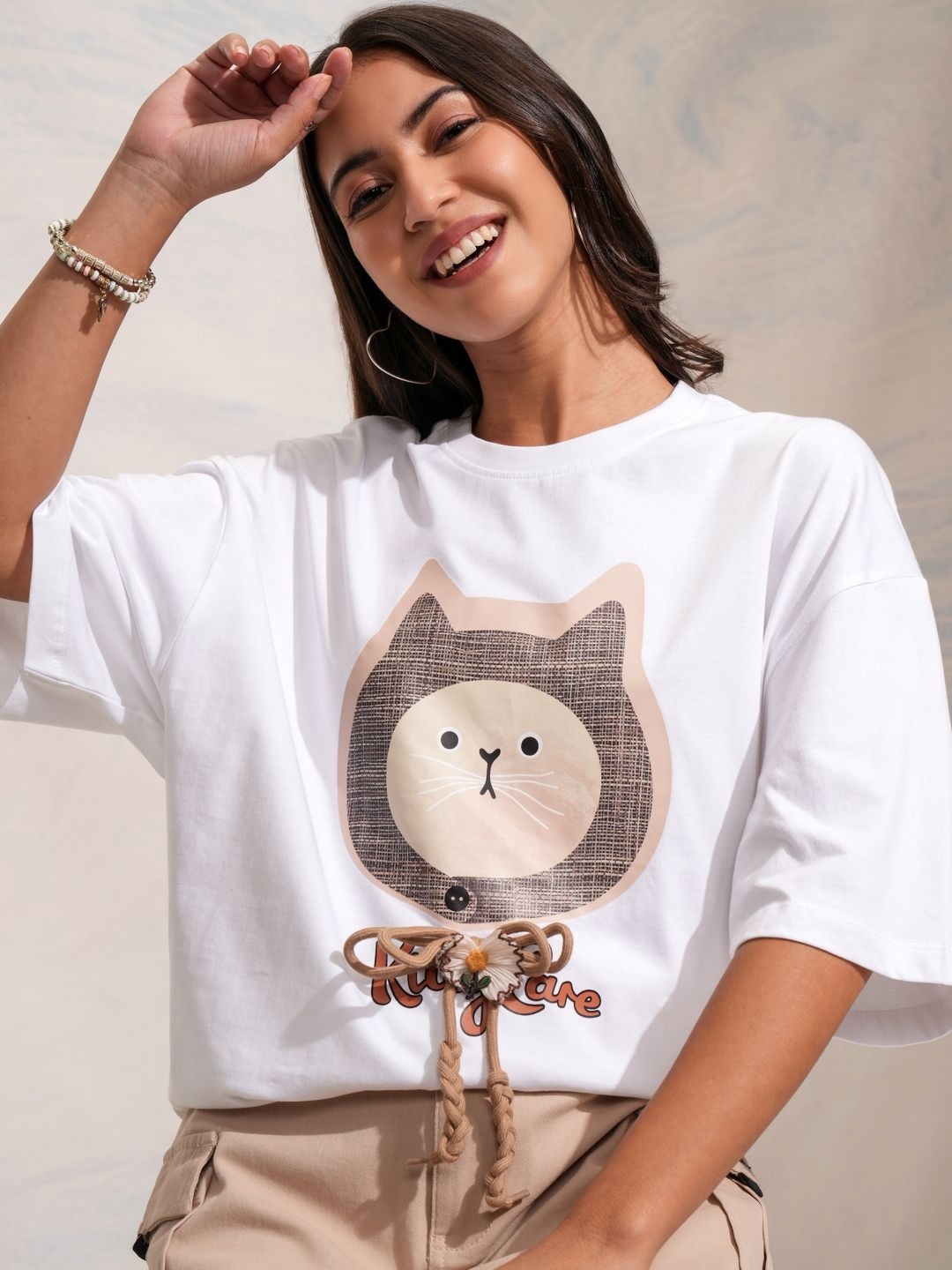 

Street By Tokyo Talkies Women Self Design Round Neck Cotton Oversized T-shirt, White
