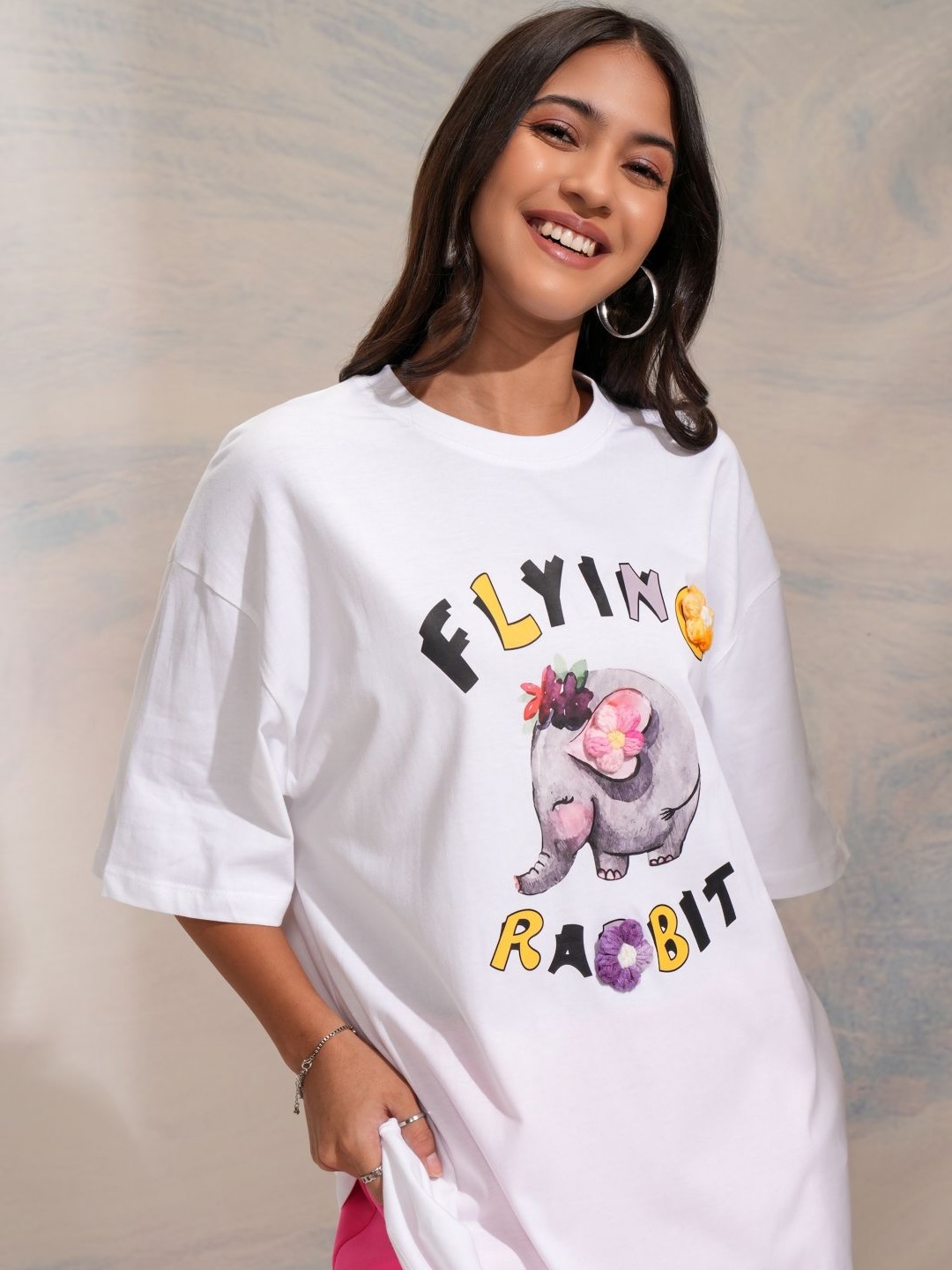 

Street By Tokyo Talkies Women Graphic Printed Applique Oversized T-shirt, White