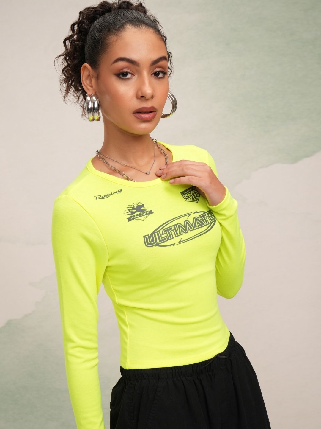 Tokyo Talkies Women Typography Printed Slim Fit T-shirt, Fluorescent green