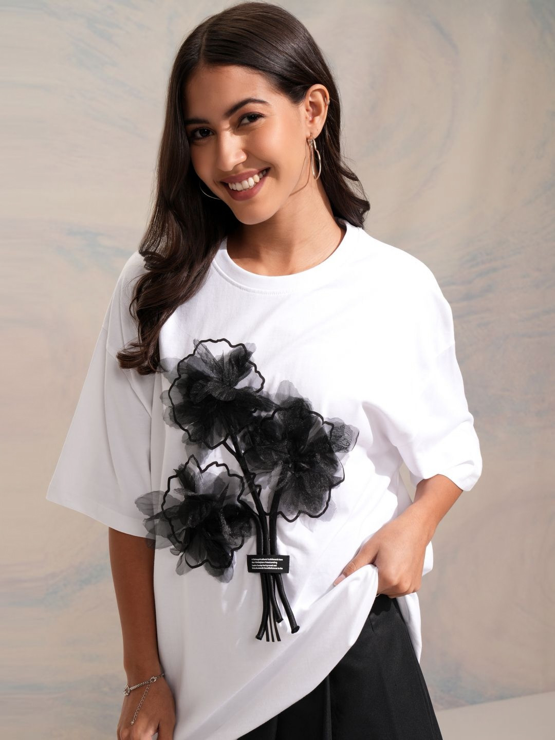 

Street By Tokyo Talkies Women Printed V-Neck Pockets T-shirt, White