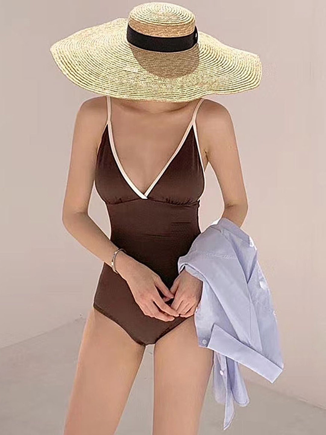 

LULU & SKY Women Deep V- Neck Bodysuit Swimwear, Brown