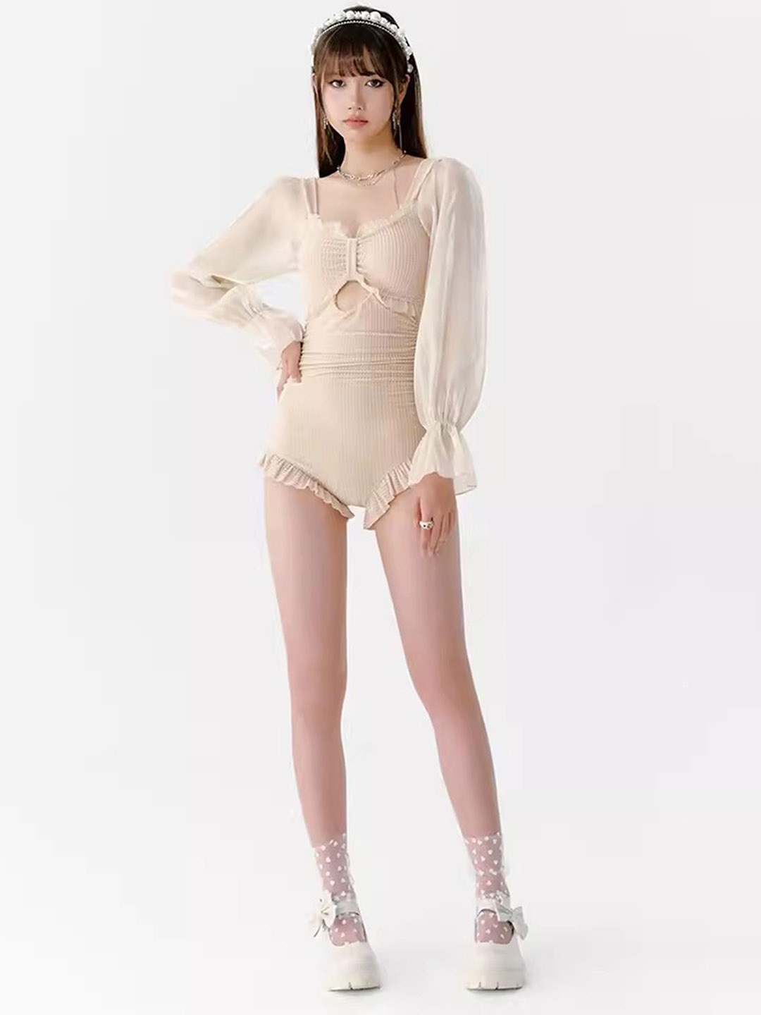 

LULU & SKY Self-Designed Long Sleeve Swim Bodysuit, Champagne