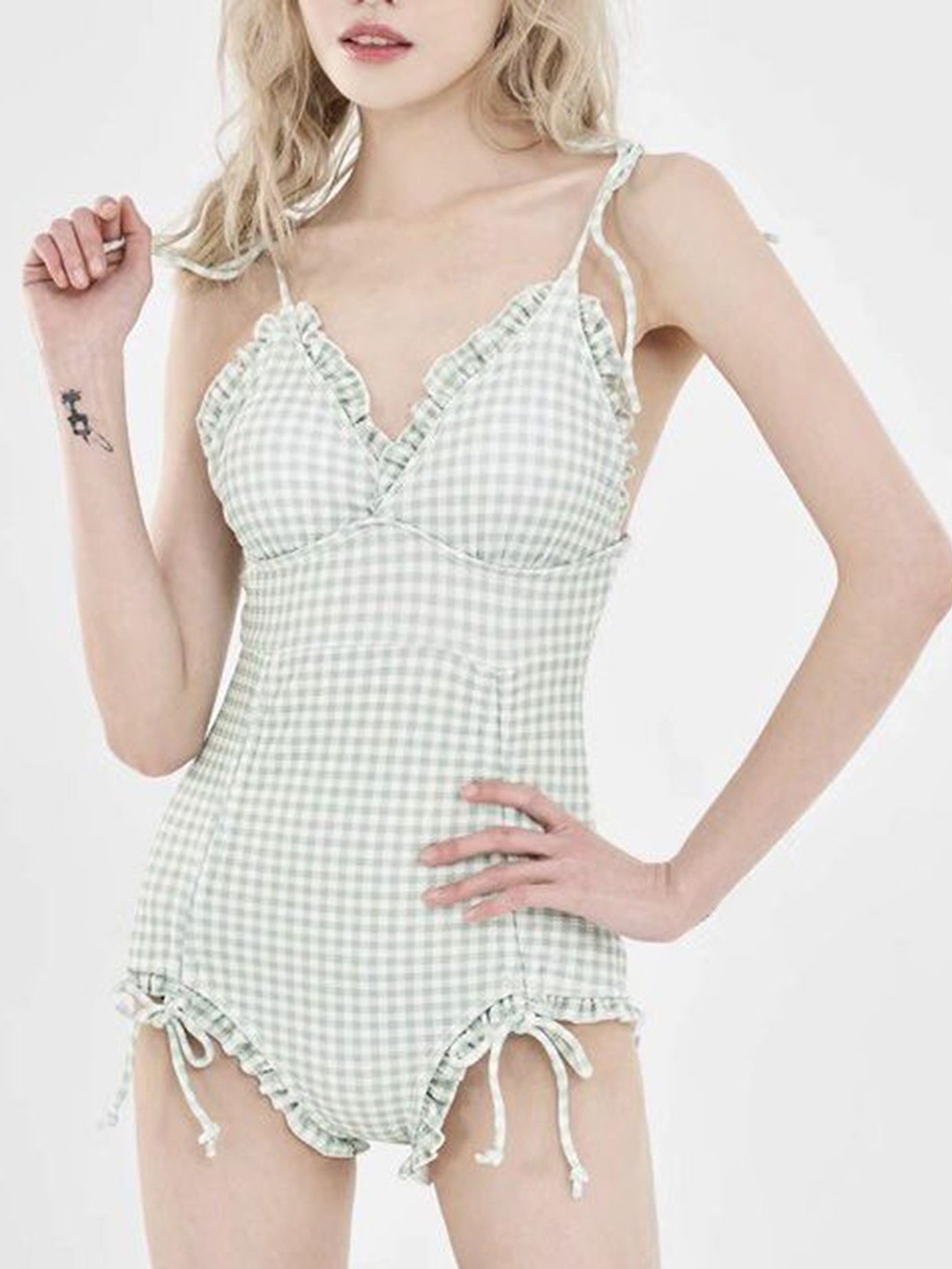 

LULU & SKY Checked V-Neck Sleeveless Swim Bodysuit, Green