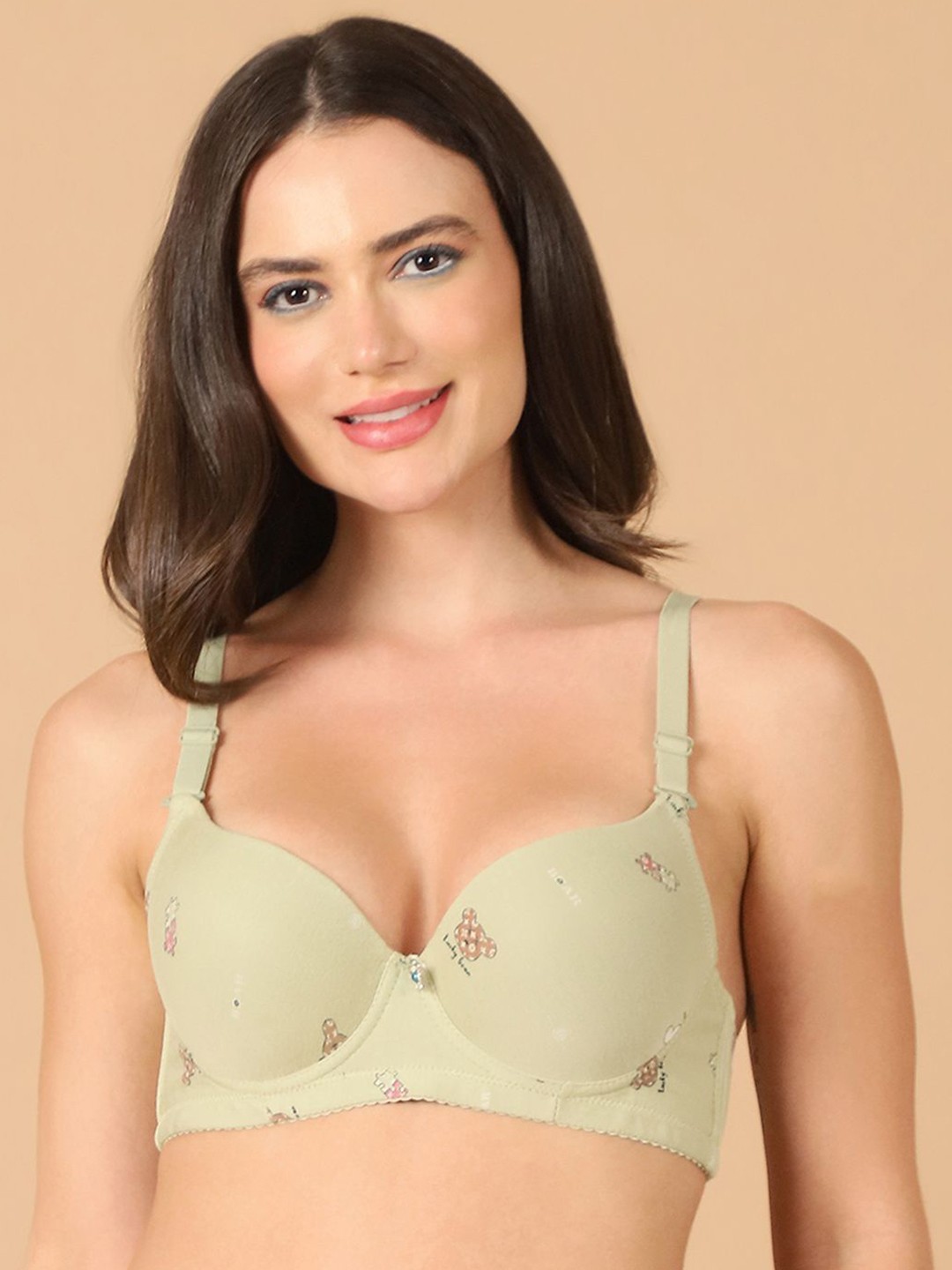 

PrettyCat Graphic Medium Coverage Cotton Underwired Lightly Padded T-shirt Bra, Green