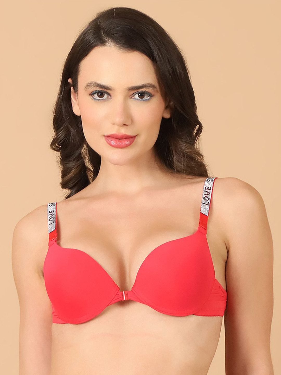 

PrettyCat Half Coverage Front Open Underwired Lightly Padded Pushup Bra, Red