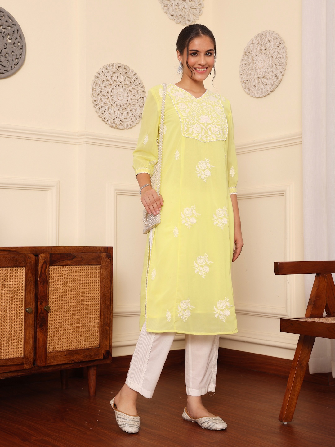 

SAVI Floral Embroidered Thread Work Summer Sheers Georgette Kurta, Yellow