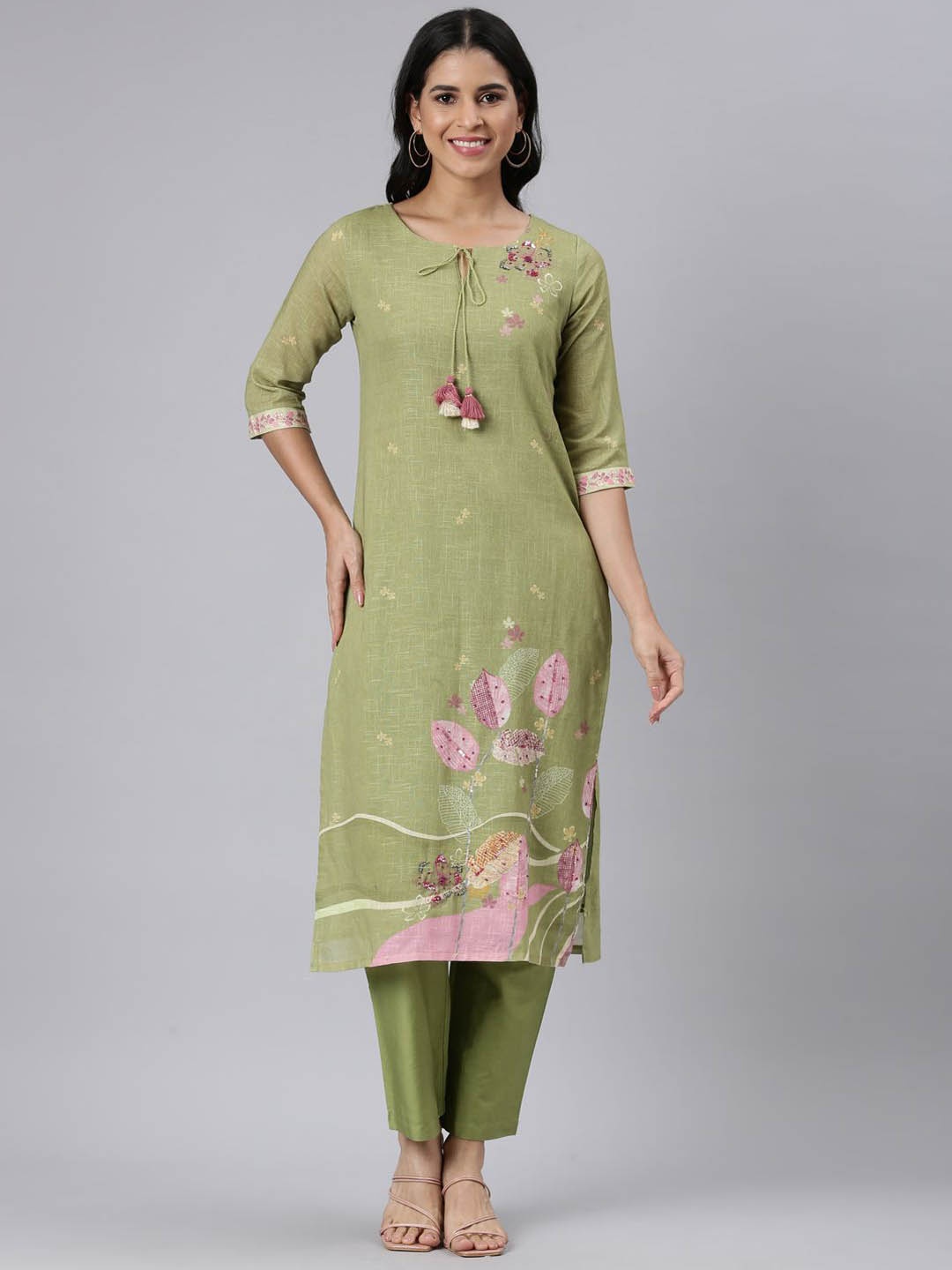 

Neerus Floral Printed Sequinned Linen Straight Kurta with Trousers, Green