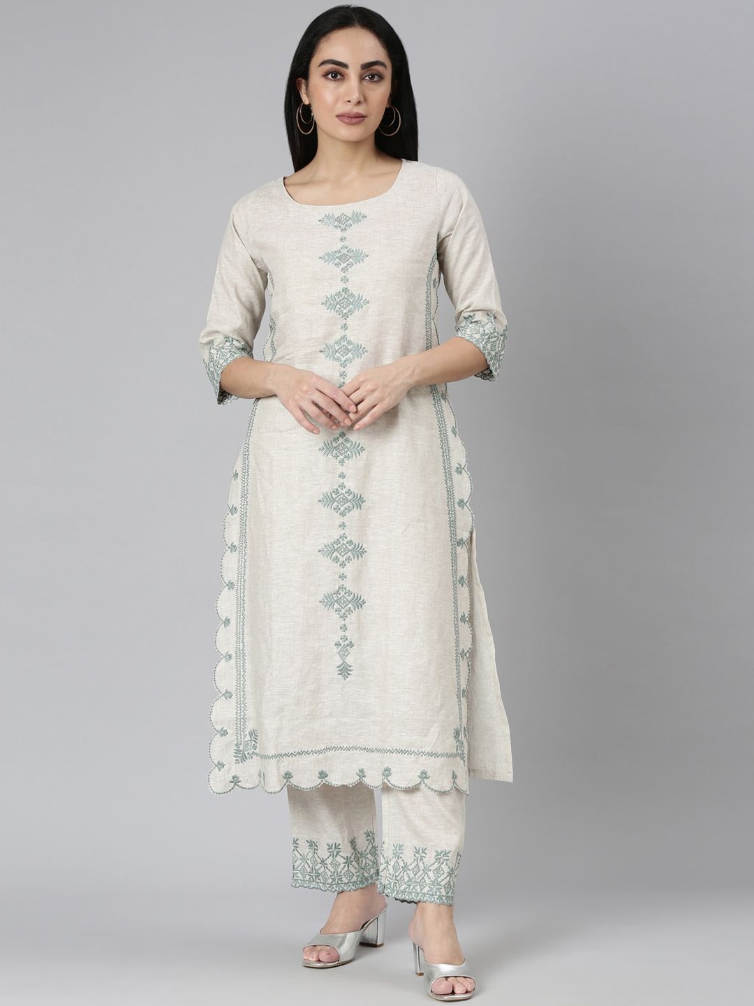 

Neerus Floral Embroidered Thread Work Linen Straight Kurta with Trousers, Beige