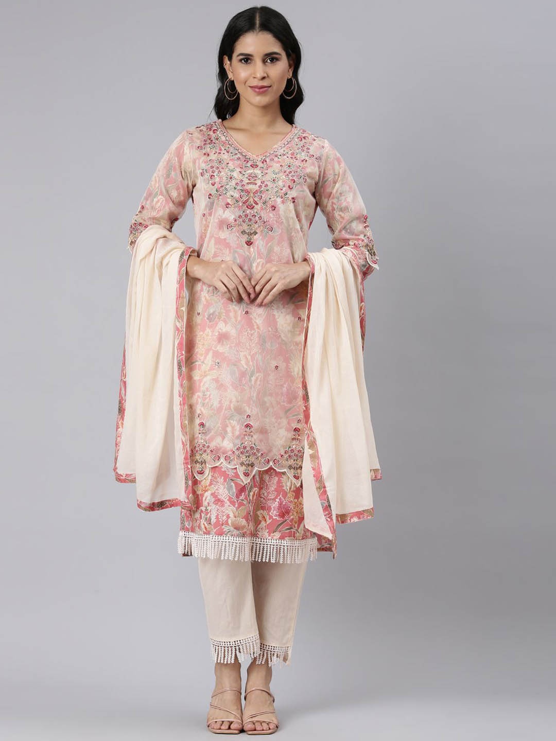 

Neerus Floral Printed V-Neck Thread Work Straight Kurta With Trousers & Dupatta, Cream