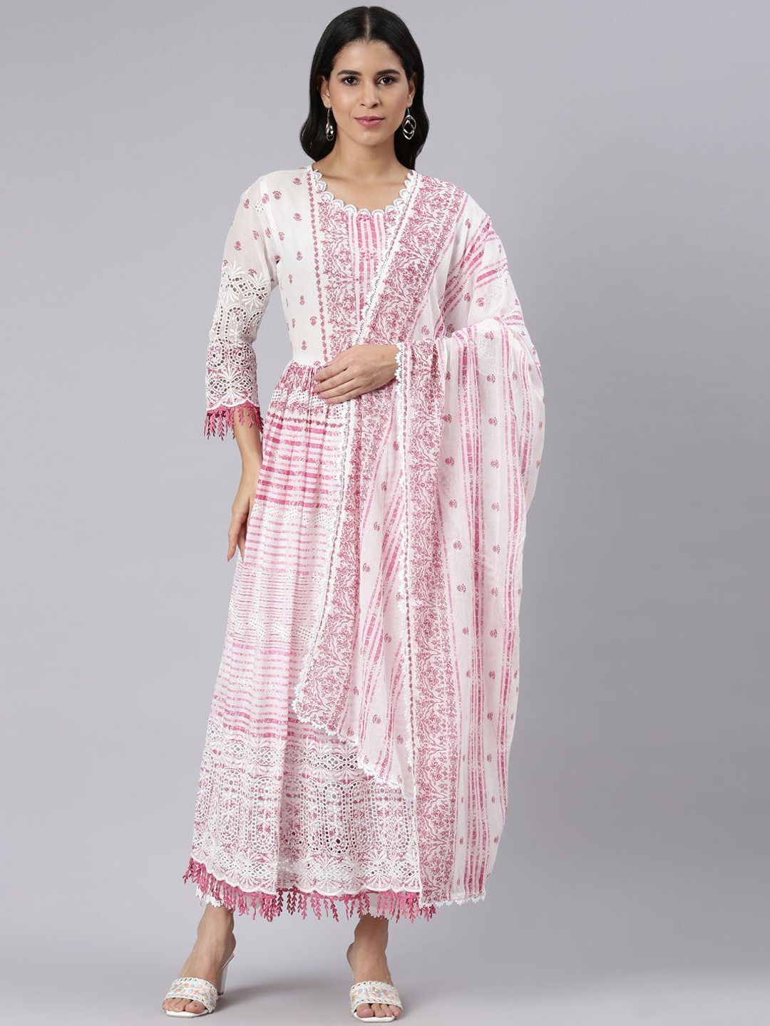 

Neerus Floral Printed Pleated Anarkali Kurta With Trousers & Dupatta, Pink