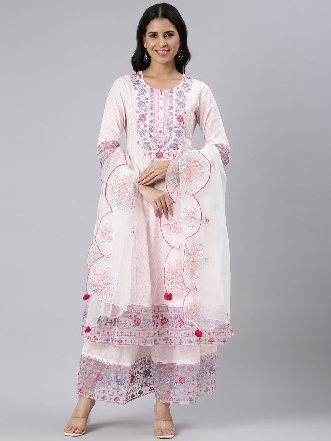 

Neerus Floral Embroidered Jute Cotton Anarkali Kurta With Palazzos & Dupatta, Pink