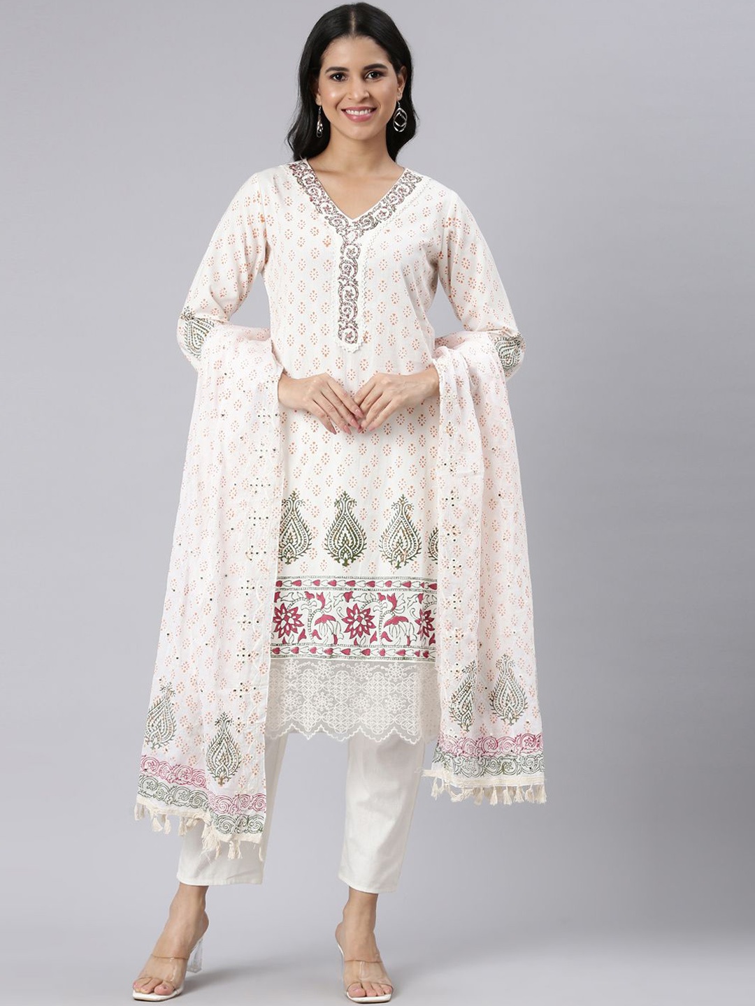 

Neerus Floral Printed Jute Cotton Straight Kurta With Trousers & Dupatta, Cream