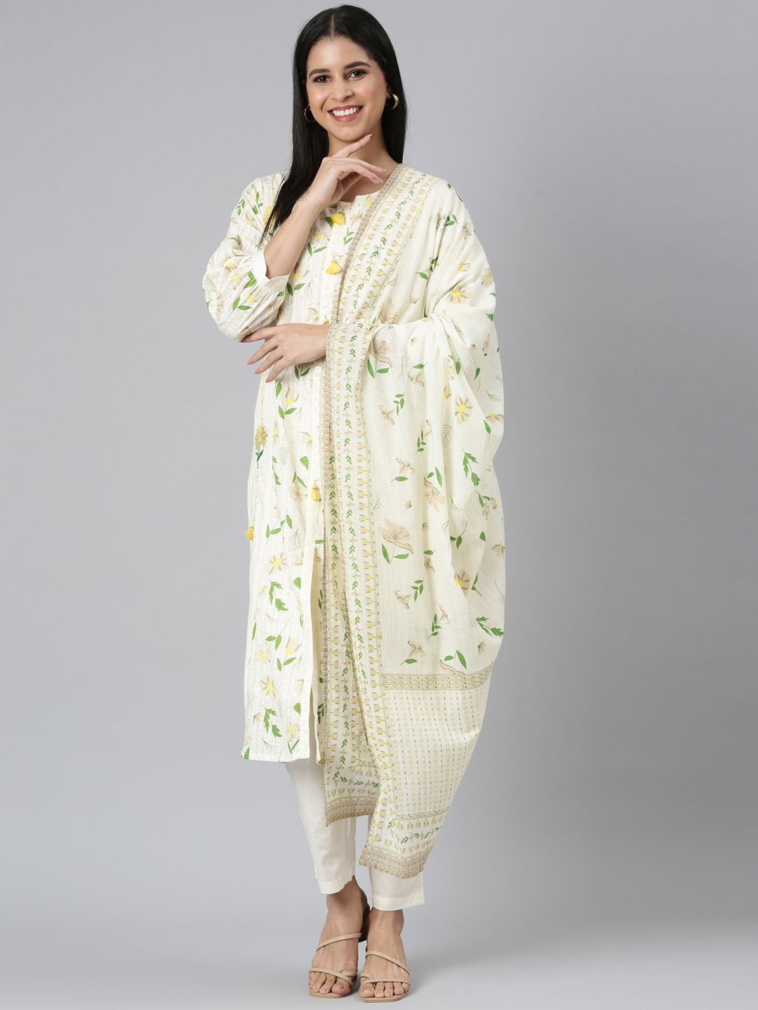 

Neerus Floral Printed Jute Cotton Straight Kurta with Trousers & Dupatta, Cream