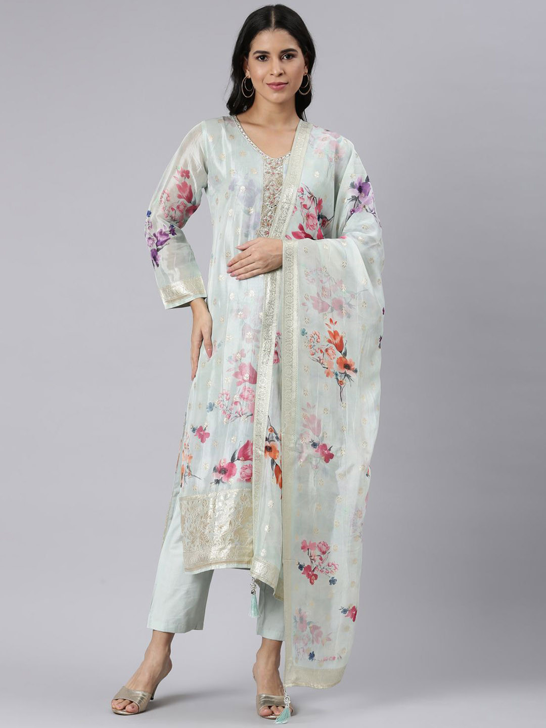

Neerus Floral Printed Organza Straight Kurta With Trousers & Dupatta, Blue