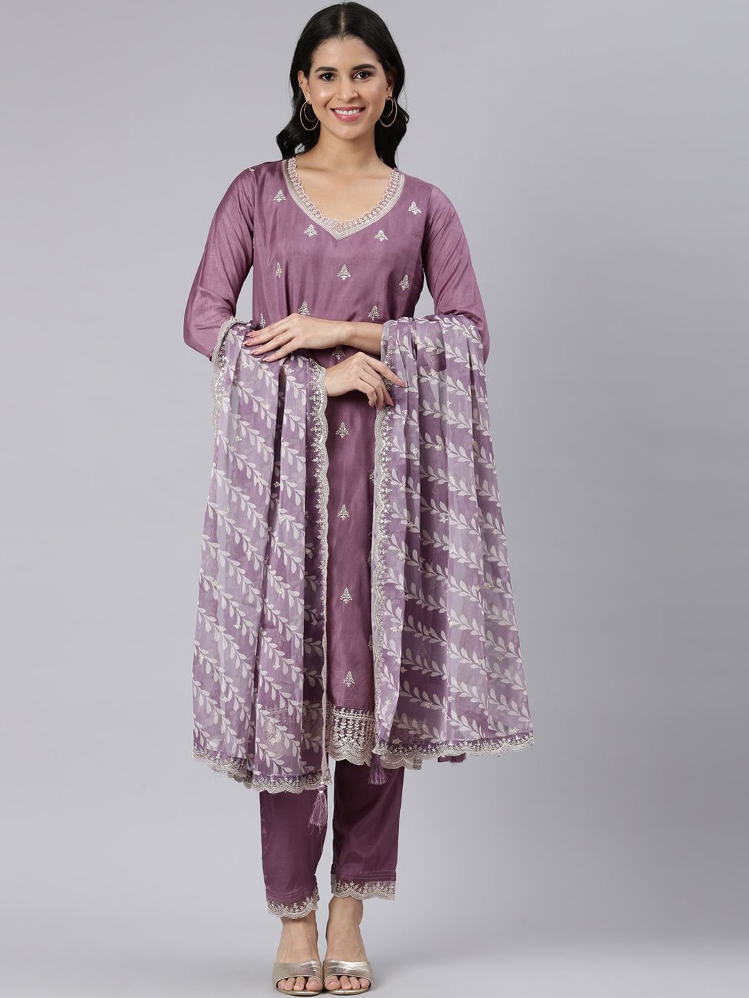 

Neerus Floral Embroidered Chanderi Silk Straight Kurta With Trousers & Dupatta, Purple