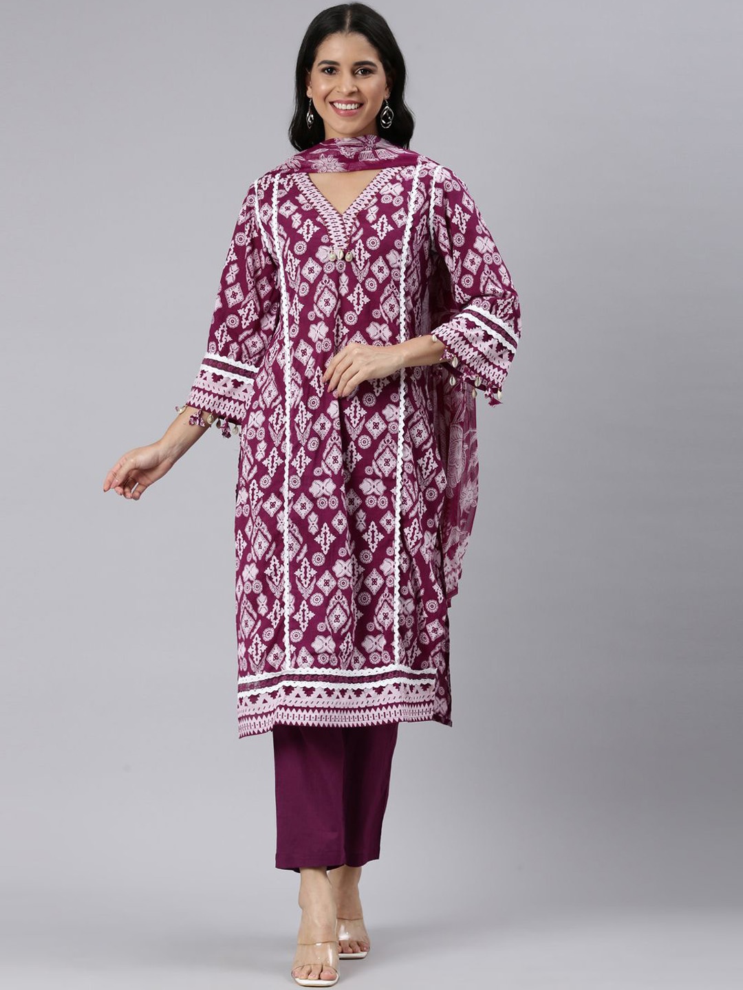 

Neerus Floral Printed Regular Jute Cotton Kurta With Trousers & Dupatta, Purple