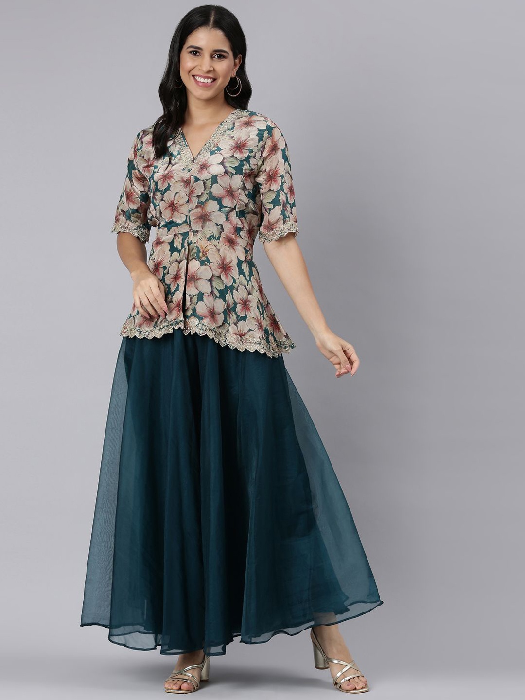 

Neerus Floral Printed Regular Sequinned A-Line Kurti With Skirt, Blue