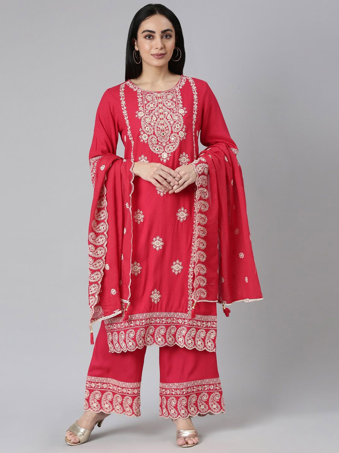 

Neerus Floral Embroidered Mirror Work Straight Kurta With Palazzos & With Dupatta, Red