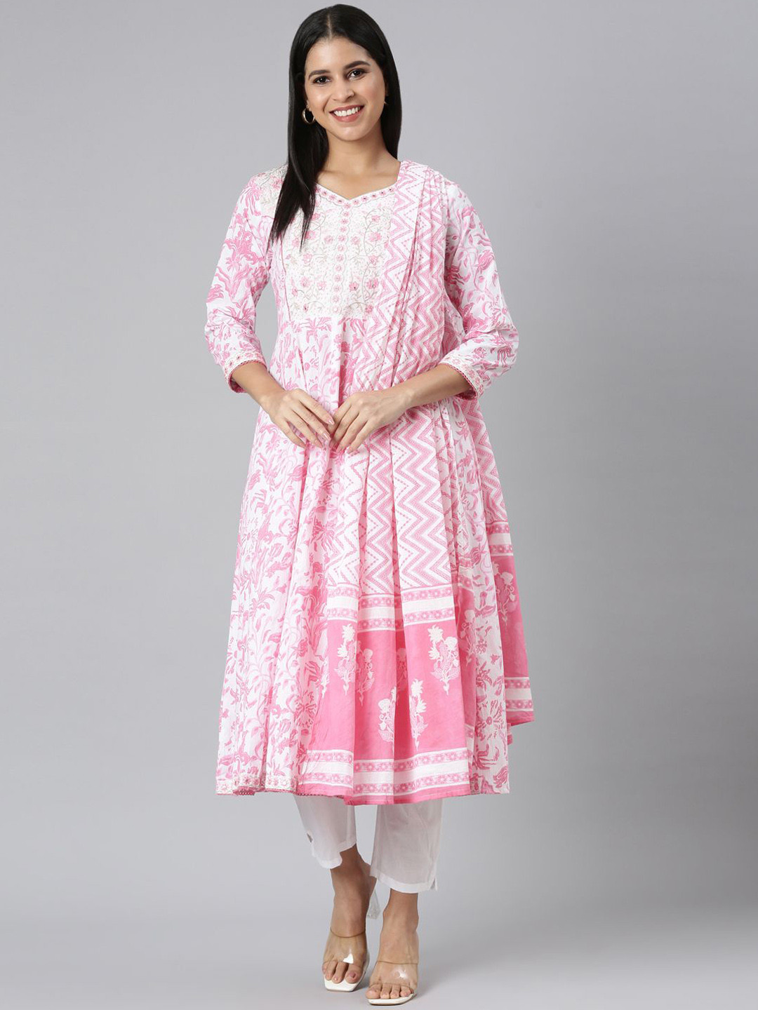 

Neerus Floral Printed Mirror Work Jute Cotton Anarkali Kurta with Trousers & Dupatta, Pink