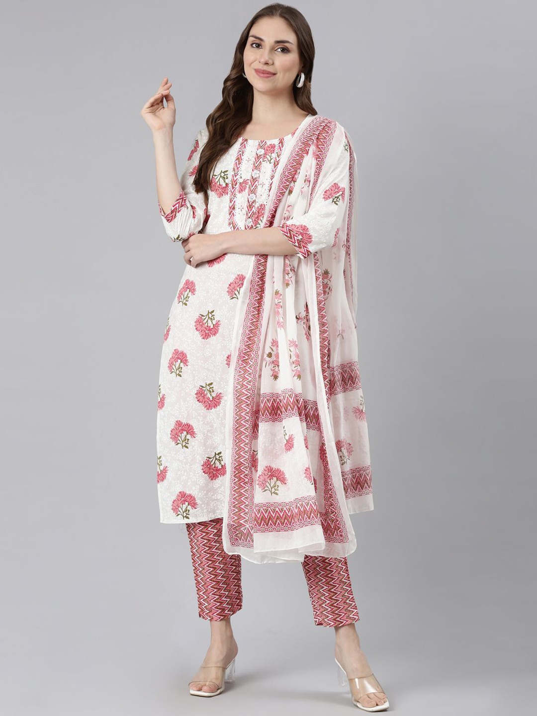 

Neerus Floral Printed Jute Cotton Straight Kurta with Trousers & Dupatta, Pink