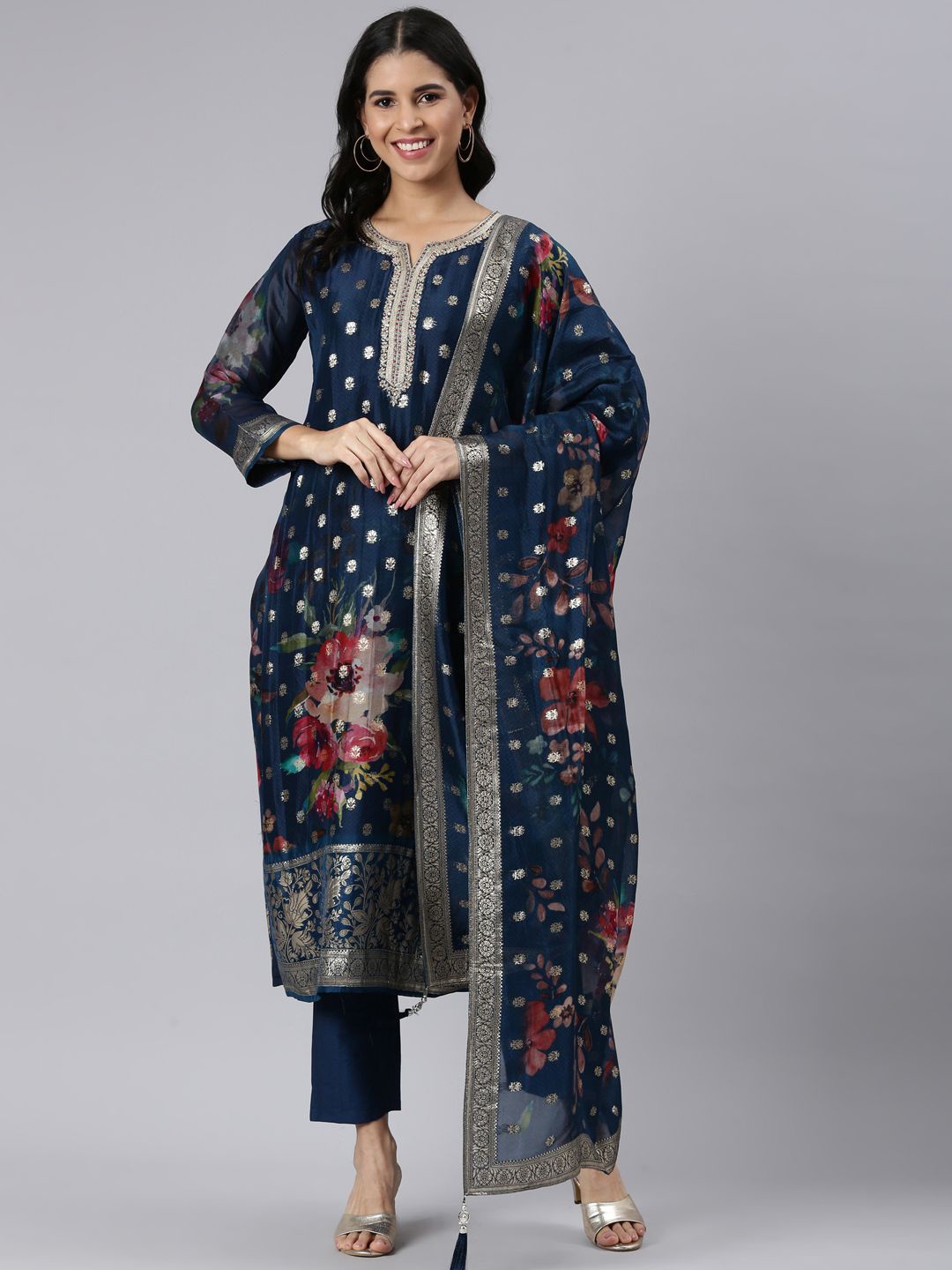 

Neerus Floral Woven Design Organza Straight Kurta with Trousers & Dupatta, Blue