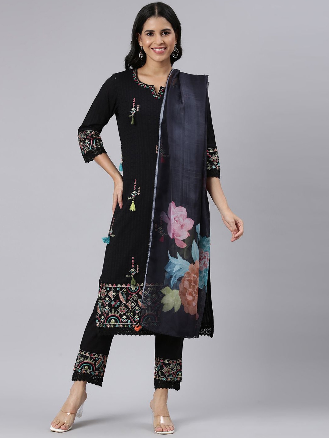 

Neerus Floral Embroidered Jute Cotton Straight Kurta with Trousers & Dupatta, Black