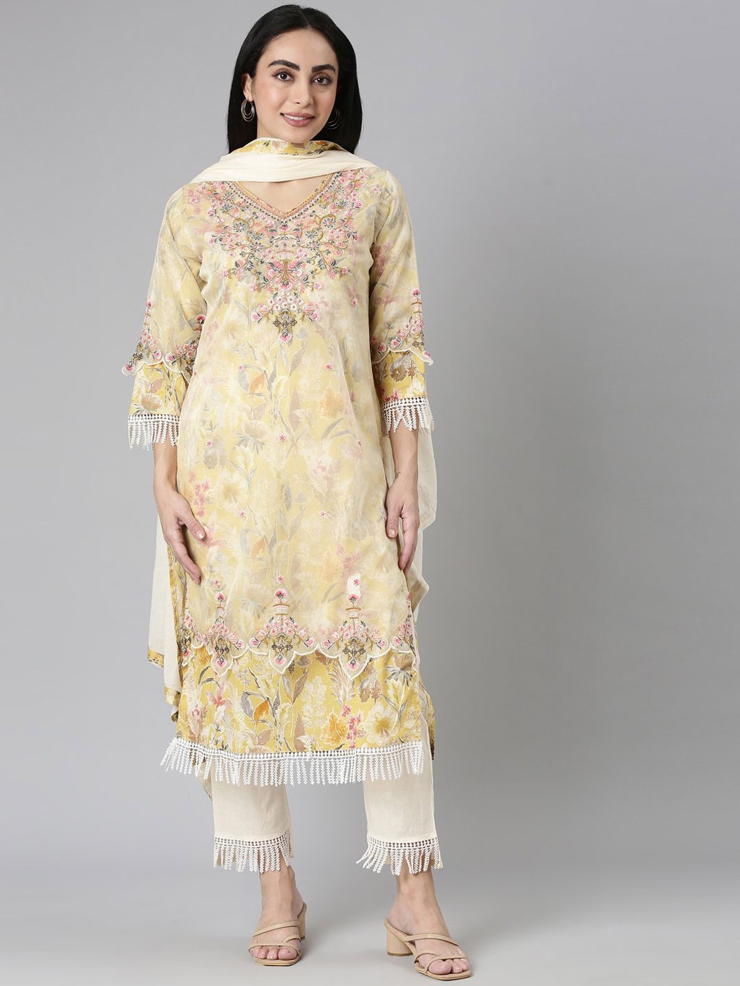 

Neerus Floral Embroidered Straight Kurta with Trousers & Dupatta, Yellow