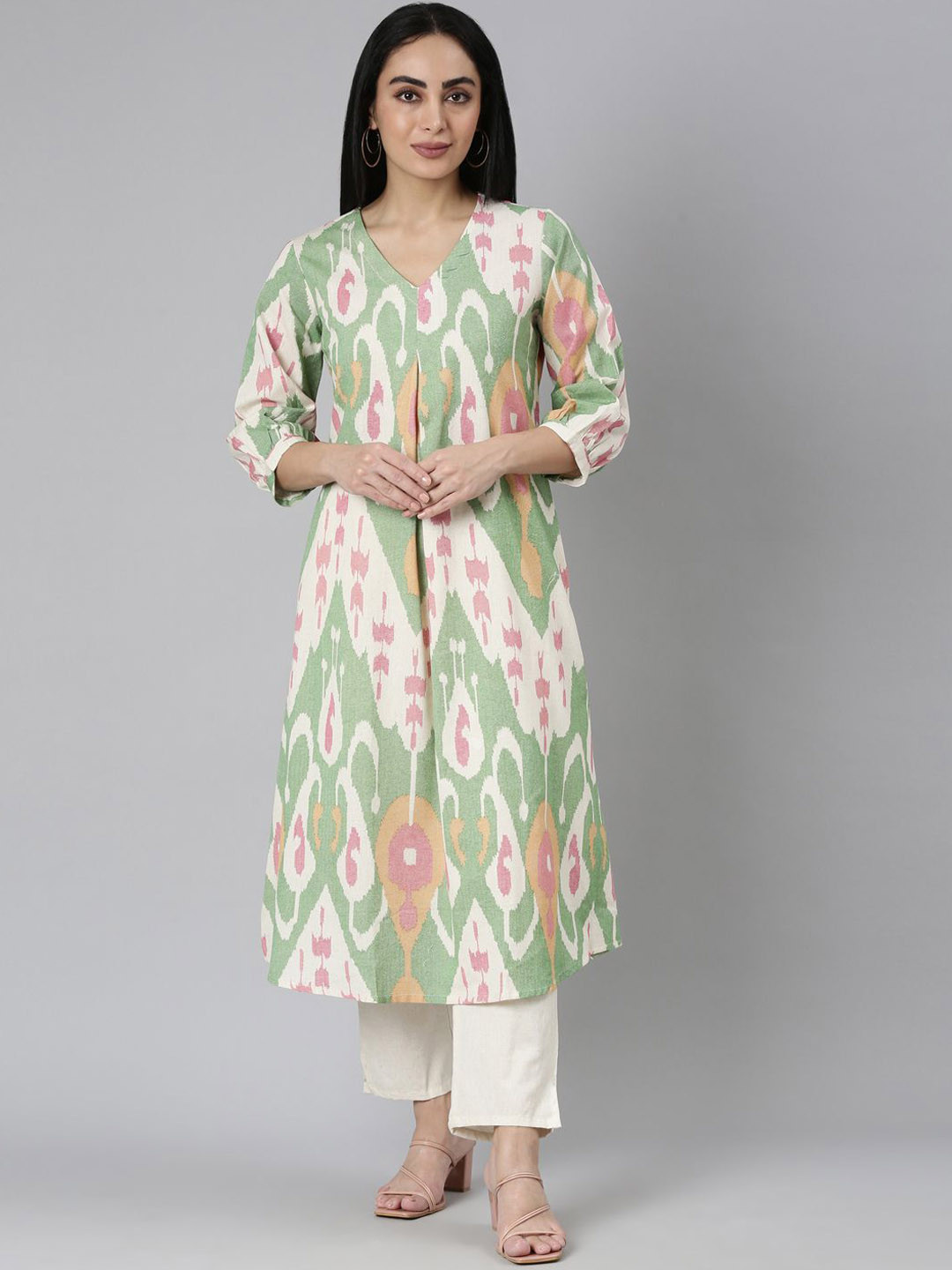 

Neerus Abstract Printed Jute Cotton A-Line Kurta with Trousers & Dupatta, Green