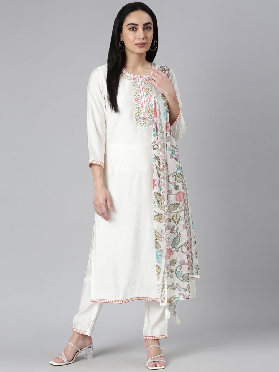 

Neerus Floral Yoke Design Mirror Work Straight Kurta with Trousers & Dupatta, White