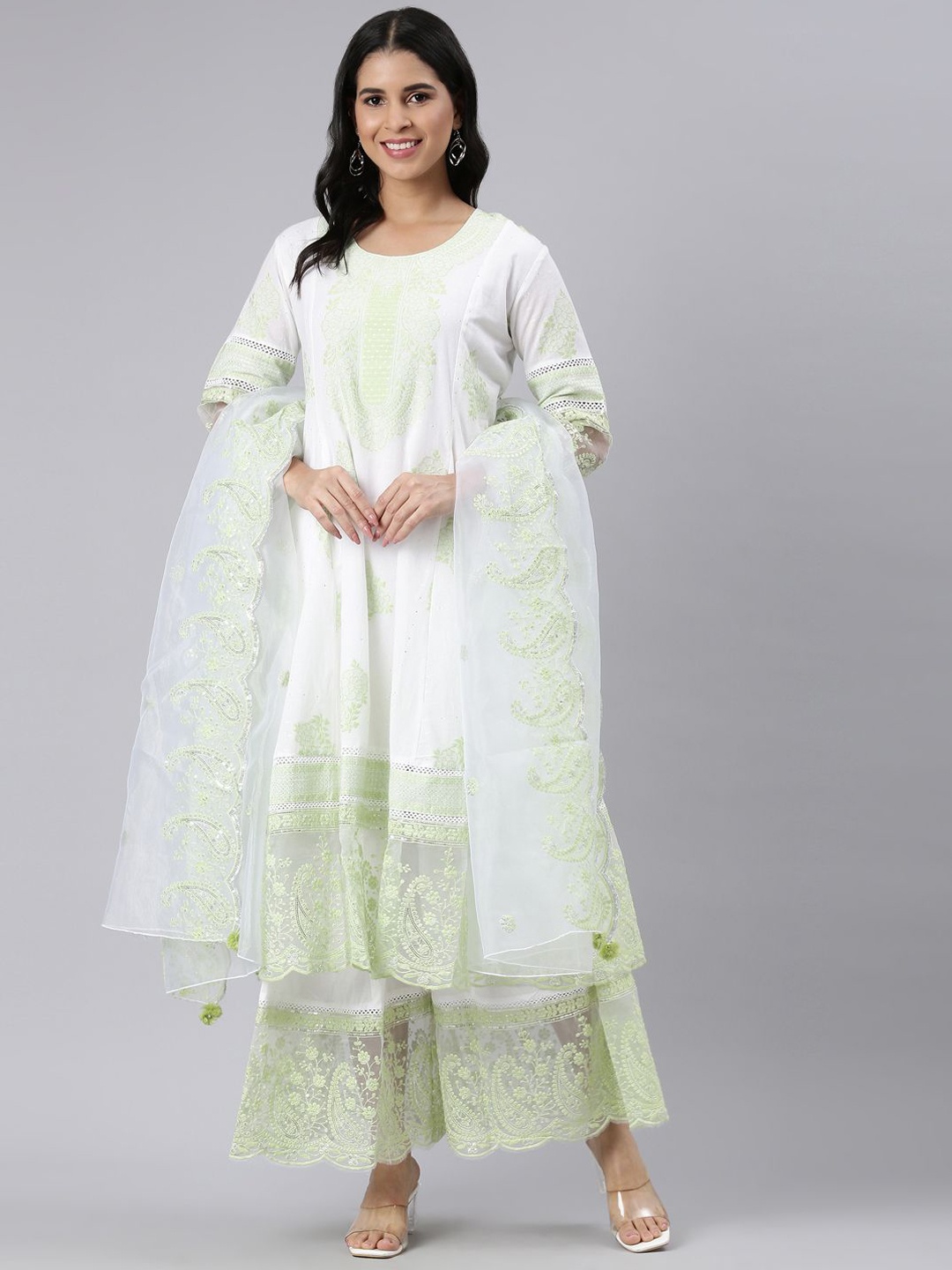 

Neerus Floral Embroidered Jute Cotton A-Line Kurta with Palazzos & Dupatta, Green