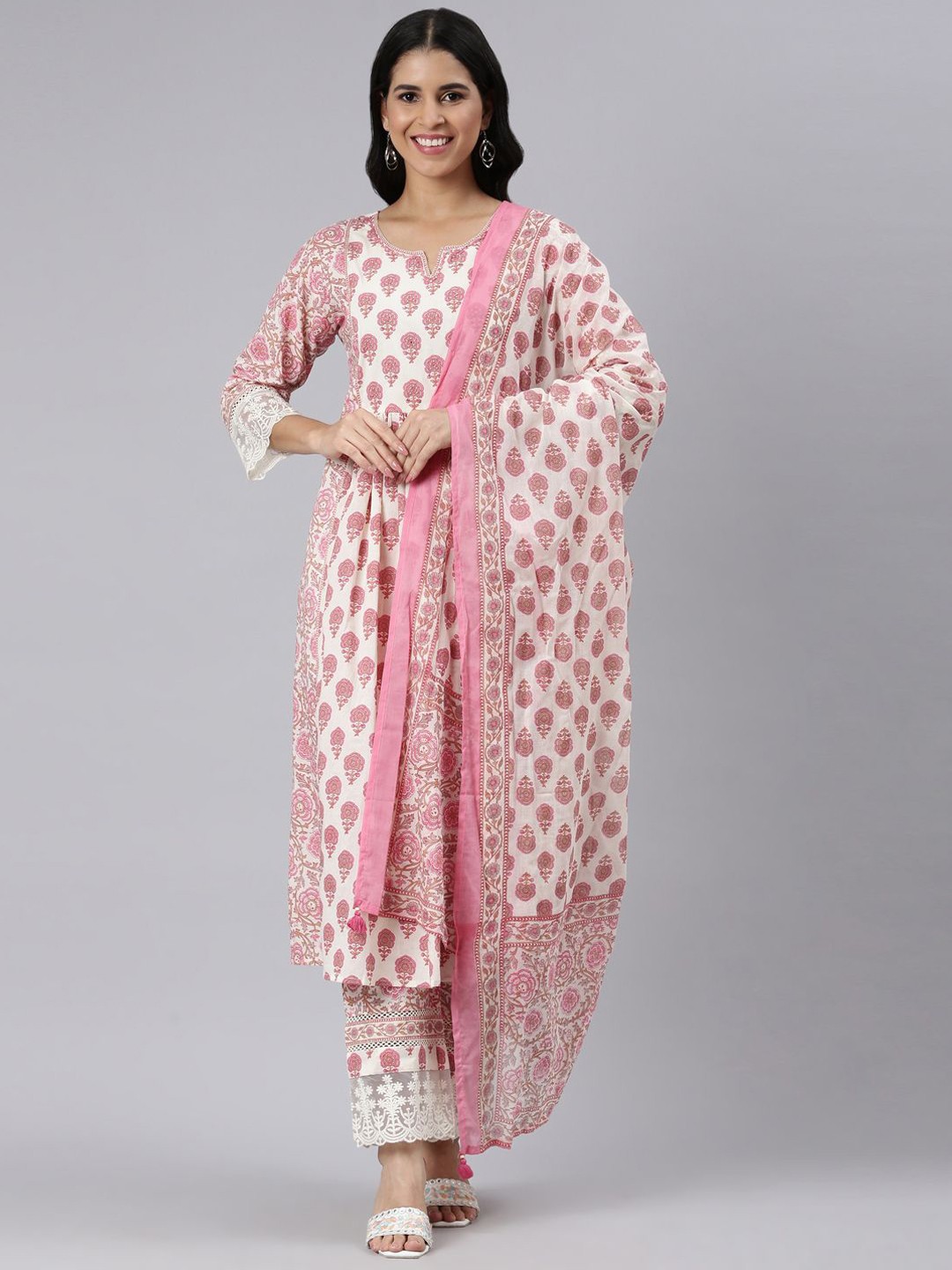 

Neerus Floral Printed Jute Cotton Anarkali Kurta with Trousers & Dupatta, Pink