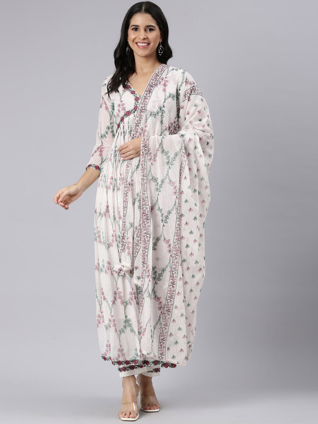 

Neerus Floral Printed Thread Work Jute Cotton Anarkali Kurta with Trousers & Dupatta, Off white