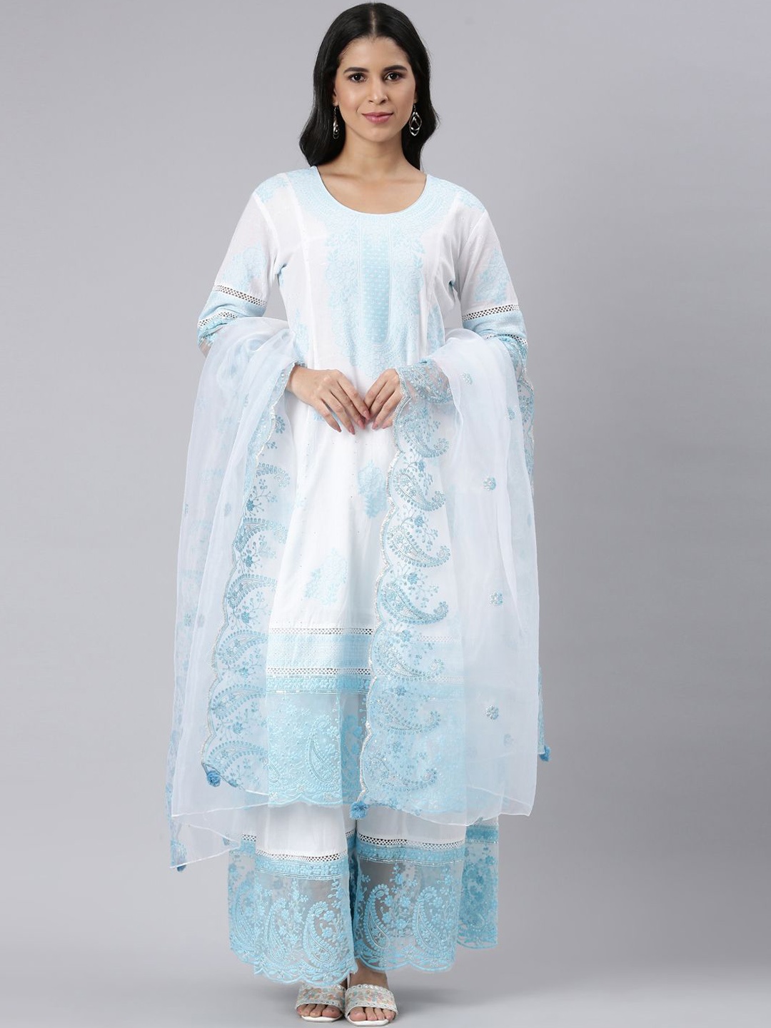 

Neerus Floral Embroidered Regular Sequinned Kurta with Palazzos & With Dupatta, Blue